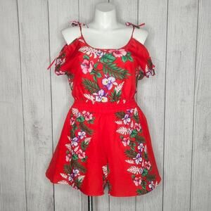 VTG 70s 80s RAINBOW PARADISE Red Floral Hawaiian Print Romper